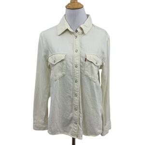 Levis Shirt Womens S Small Ecru Denim Western Pearl Snap Buttons Chest Pocket